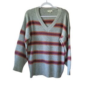 Easel Waffle Knit Stripe Vneck Oversized Sweater Small